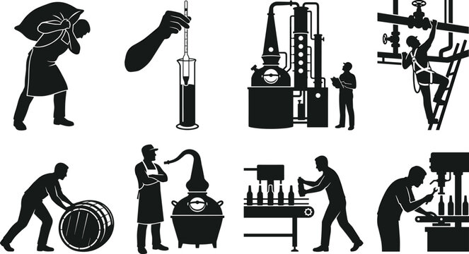 Industrial brewery and distillery production icons showing workers, machinery, bottling conveyor, and alcohol manufacturing process silhouettes