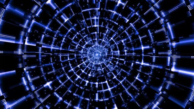 Blue particle tunnel explosion transition with sparkling light streaks and speed lines, anime style energy burst reveal effect on black background overlay, seamless 8k video loop.