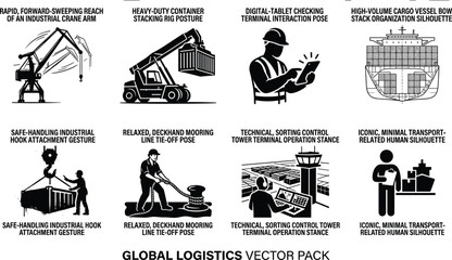 Fototapeta premium Vector Silhouettes of Global Logistics, Shipping Equipment, and Port Operations with Industrial Workers and Cargo Transport
