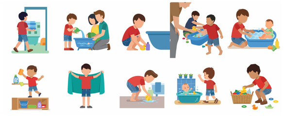 Fototapeta premium Collection of vector illustrations showing a young boy helping with chores, bathing a baby, cleaning, and hygiene routines at home