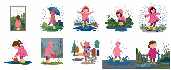 Fototapeta premium Cute little girl in pink raincoat and yellow boots playing in the rain, set of flat vector illustrations