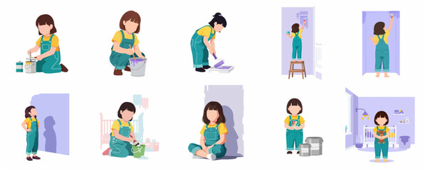 Fototapeta premium Set of illustrations of a little girl painting, decorating, and renovating a child's nursery room
