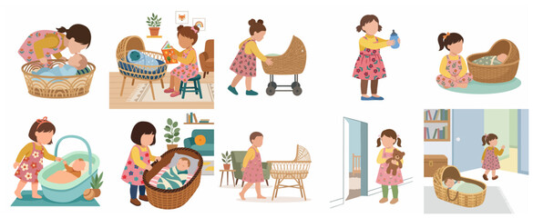 Fototapeta premium Toddler girl taking care of baby sibling vector illustration set in flat design