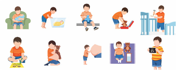 Fototapeta premium Little Boy Preparing for a New Sibling Illustration Set - Big Brother Concept Graphics