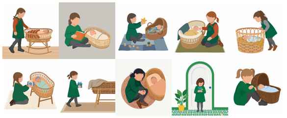 Fototapeta premium Flat vector illustration collection of an older sister caring for her newborn baby sibling in a wicker bassinet
