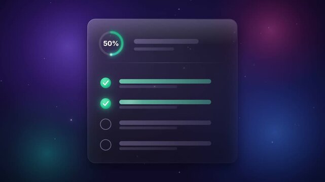 Animated checklist with tasks checking off and circular progress ring filling to completion success