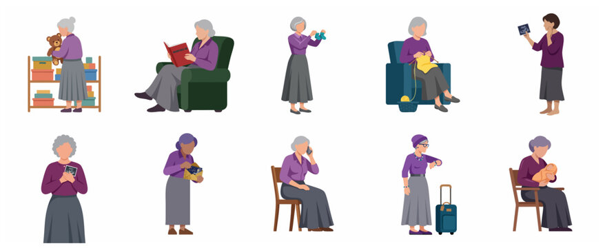Grandmother character set for lifestyle activities including knitting, reading, traveling, and caring for a baby