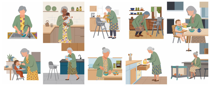 Flat vector illustration set of a grandmother taking care of her grandchild and performing various household chores in the kitchen