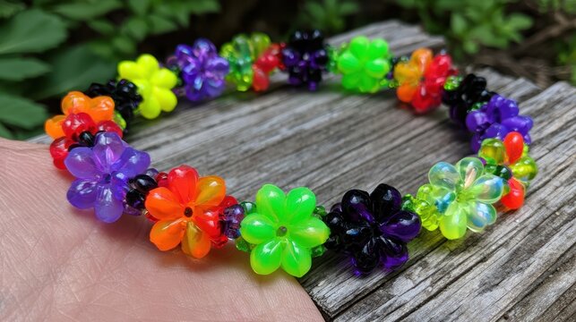 Flower Kandi Bracelet on a Hand on Wood in a Green Setting
