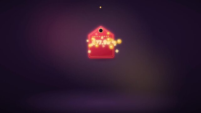 Animated red price drop tag with discount percentage and gold coupon code for sale promotion