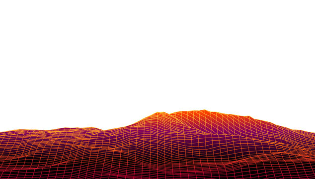 Retro neon orange red and gold glowing wireframe hilly terrain on transparent background