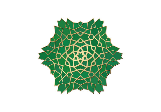 Green and gold Islamic geometric rosette ornament, isolated on a transparent background, with intricate star and interlace pattern