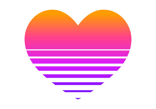 80s heart with striped bottom. Synthwave or arcade game heart as lined sun on sunrise or sunset