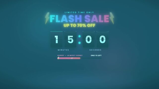 Flash sale neon countdown timer animation with limited time discount promo and stock running low