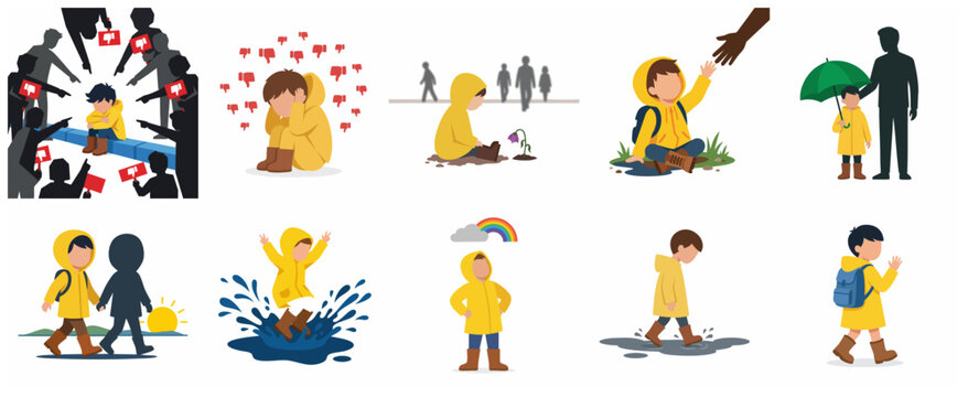 Boy in Yellow Raincoat Vector Illustration Set Depicting Childhood Emotions from Bullying and Sadness to Help and Happiness