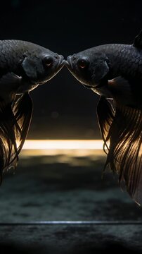 Vertical video: Facing each other two dark fish touching mouths in backlit aquarium for territory