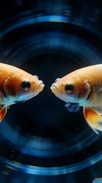 Vertical video: Circling after one moving, two orange fish fanning fins in ringed tank, reuniting