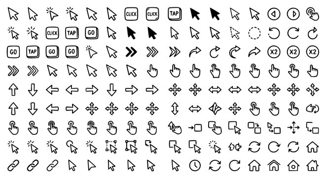 Doodle Click Cursor Icon Set Hand Drawn Vector