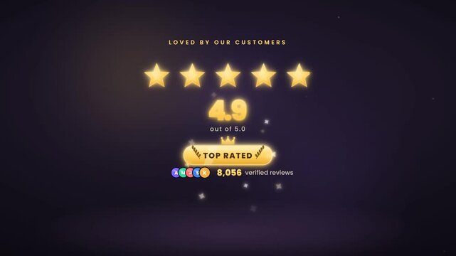 Five star customer rating review animation with gold stars and top rated badge for satisfaction
