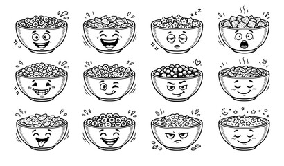 Fototapeta premium Freehand Drawn Black and White Cartoon Cereal Bowl Character Collection Vector Set