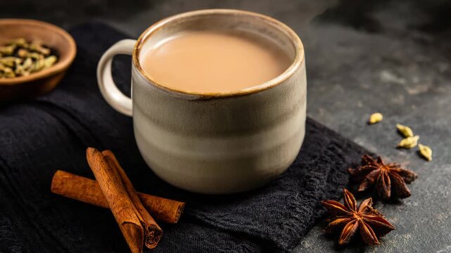 Masala chai tea cup with aromatic spices like cinnamon sticks and star anise on a dark rustic background for a warm cozy beverage concept video