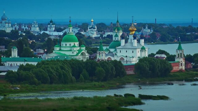Aerial view of the Spaso Yakovlevsky Monastery on the shore of Lake Nero at dusk