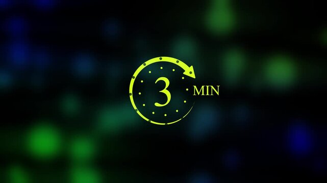 3 Minutes Timer Animation Video with Neon Green Countdown Clock Arrow and Dotted Circle Graphic Element Moving on Blur Abstract Glowing Bokeh Light Background for Intro Video Footage.