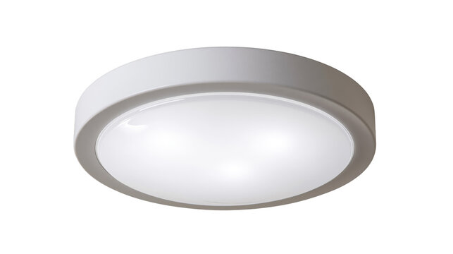 Modern flat circular LED ceiling light fixture with white minimalist frame for contemporary interior mockup isolated on transparent background