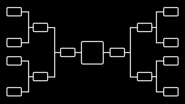 Abstract 32 team tournament bracket championship template with white line animation isolated on black background.