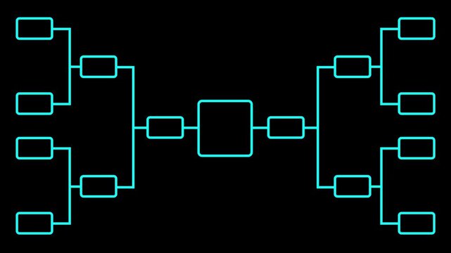 Abstract 32 team tournament bracket championship template with cyan line animation isolated on black background.