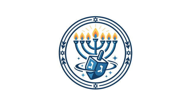 Minimalist flat design 2D icon of a dreidel spinning under a glowing Hanukkah menorah celebrating Jewish festival of lights