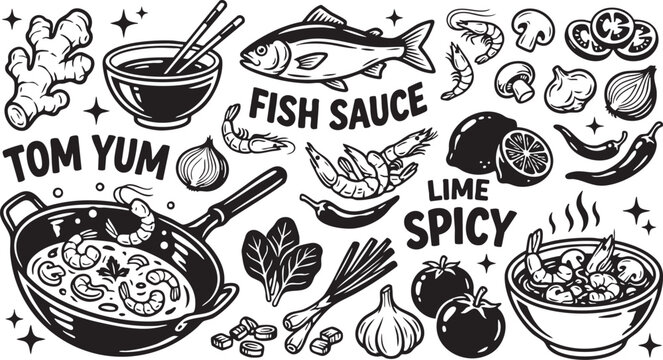 Black and white vector illustration of Tom Yum soup ingredients and elements including shrimp fish sauce lime spicy