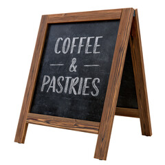 Fototapeta premium Customizable wooden sidewalk sign displaying menu for coffee and bakery items isolated on transparent background.