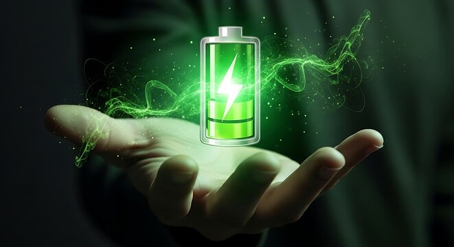 Green energy battery icon with glowing lightning bolt floating above a human hand, representing renewable power and sustainable charging solutions.