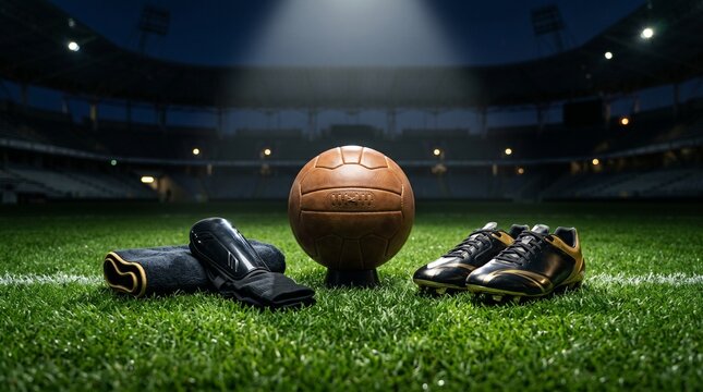 Vintage soccer ball, cleats, and shin guards on a stadium grass field