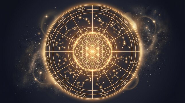 Glowing golden zodiac chart with flower of life sacred geometry