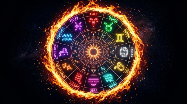 Zodiac wheel with twelve signs ringed by burning fire flames