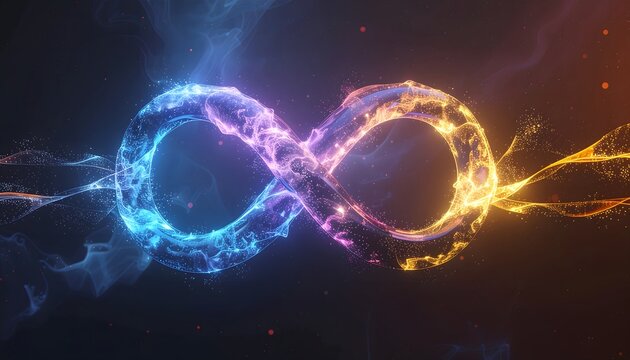 A glowing infinity symbol made of swirling blue and golden energy waves with sparkling particles in dark space, capturing a conceptual abstract background of eternity, science, and magic