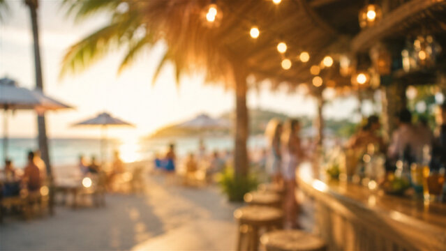 blurred view of people relaxing at a tropical beach bar during golden hour. Vacation atmosphere with sunset lighting, palm tree, and ocean scenery. Leisure travel and summer holiday concept