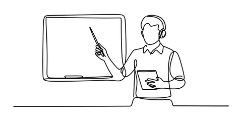 Continuous single line drawing of a teacher pointing at a blackboard while holding a book during a classroom lesson for educational concept design Vector, illustration © New Outline