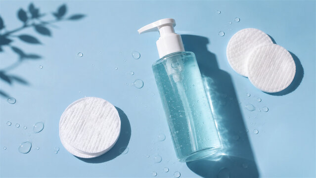 bottle of micellar water with cotton pads on blue background. Skin care routine product for face makeup removal. Cosmetic cleansing beauty liquid for daily hygiene and facial treatment