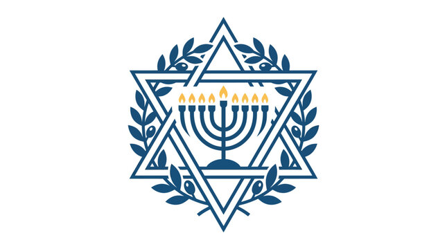 Minimalist flat design 2D icon of a Hanukkah menorah elegantly enclosed in a geometric diamond frame symbolizing the Festival of Lights with traditional Jewish holiday elements in clean whit
