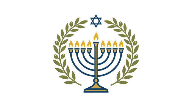 Minimalist flat design 2D icon of a Hanukkah menorah elegantly combined with an olive branch symbolizing religious celebration and tradition in a clean white space perfect for festive holida