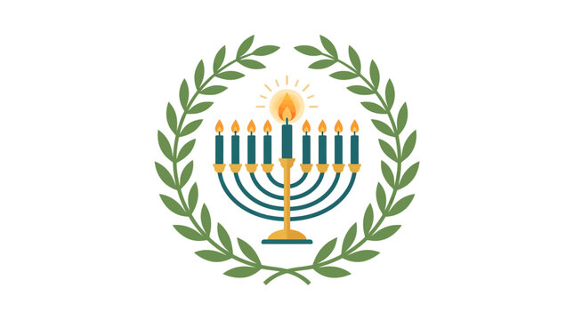 Minimalist flat design 2D icon of a Hanukkah menorah elegantly enclosed in an olive branch symbolizing peace and tradition for religious celebration artwork