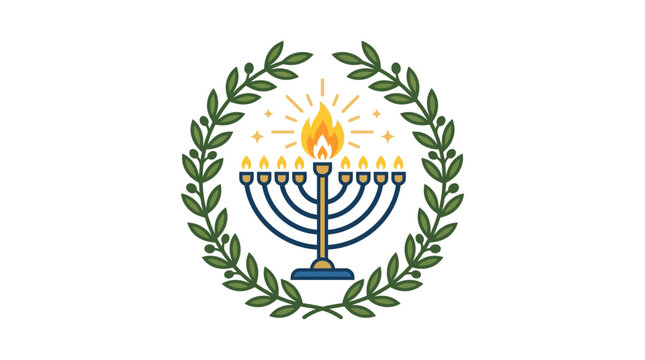 Minimalist flat design 2D icon of a Hanukkah menorah elegantly positioned inside a traditional olive oil vessel symbolizing the Festival of Lights with a clean white canvas and simple geomet