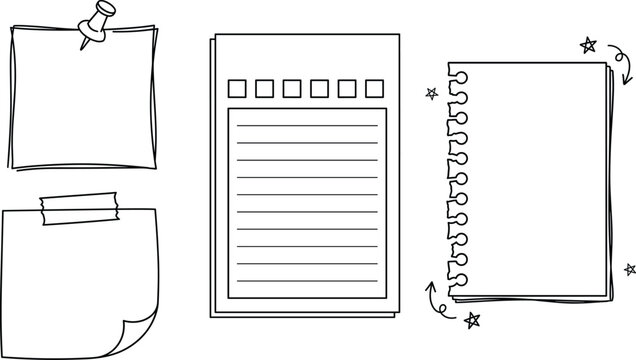 Minimalist hand drawn doodle notebook paper set with sticky note thumbtack tape and planner page elements vector
