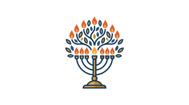 Minimalist flat design 2D icon of a Hanukkah menorah with nine lit candles in traditional flame arrangement for Jewish religious celebration on pure white canvas ideal for festive holiday gr