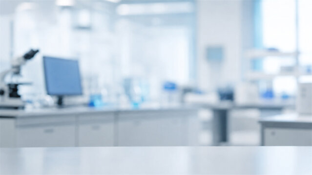 blurred laboratory background with counter surface in front. Scientific research setting with equipment and computer for experiments. Medical innovation and chemical analysis concept