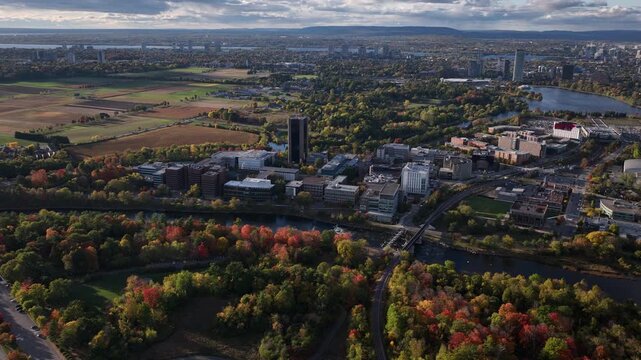 Aerial view of Ottawa Skyline over Carleton University and the Rideau River