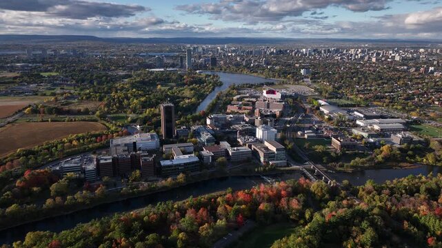 Aerial view of Ottawa Skyline over Carleton University and the Rideau River